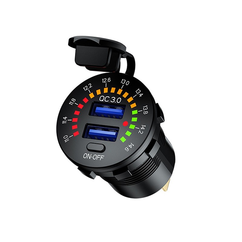 CARMOTION/ Ładowarka do zabudowy USB QC3.0 + USB 6A z woltomierzem i włącznikiem mechanicznymm