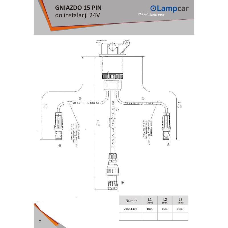 INSTALACJA DO NACZEPY Wiązka do Naczepy 2x7PIN AMP długość 15m obrysy 17m +ośw.tab.rej.