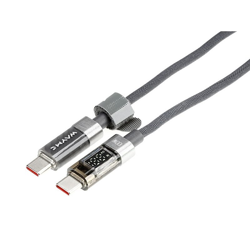 Kabel do ładowania 100 cm, USB-C, max 100W z wyświetlaczem, szary